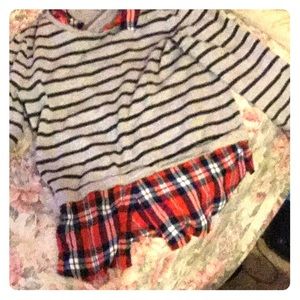 Long sleeve striped shirt with plaid lining